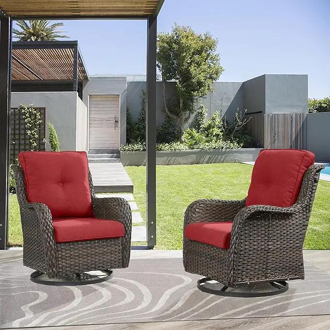 5 Piece Outdoor Patio Furniture Set - Wicker Furniture Patio Conversation Set, Outdoor Swivel Rocker Chairs with 3-Seater Sofa and 2 Ottomans for Small Space, Red Cushion by GreenHaven Gardens