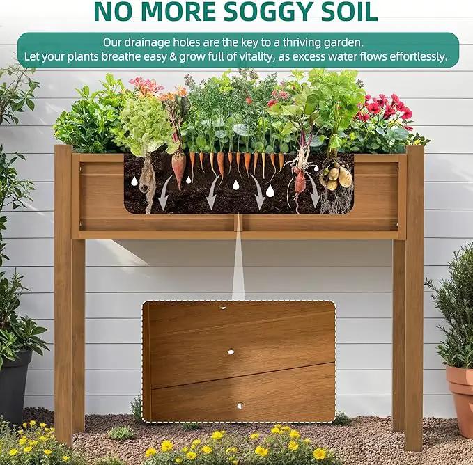 YITAHOME Raised Garden Bed, HIPS Poly Wood Elevated Planter Box with Legs and Drainage Hole, Small Flower Box Stand for Patio Balcony Garden Backyard, Teak by GreenHaven Gardens