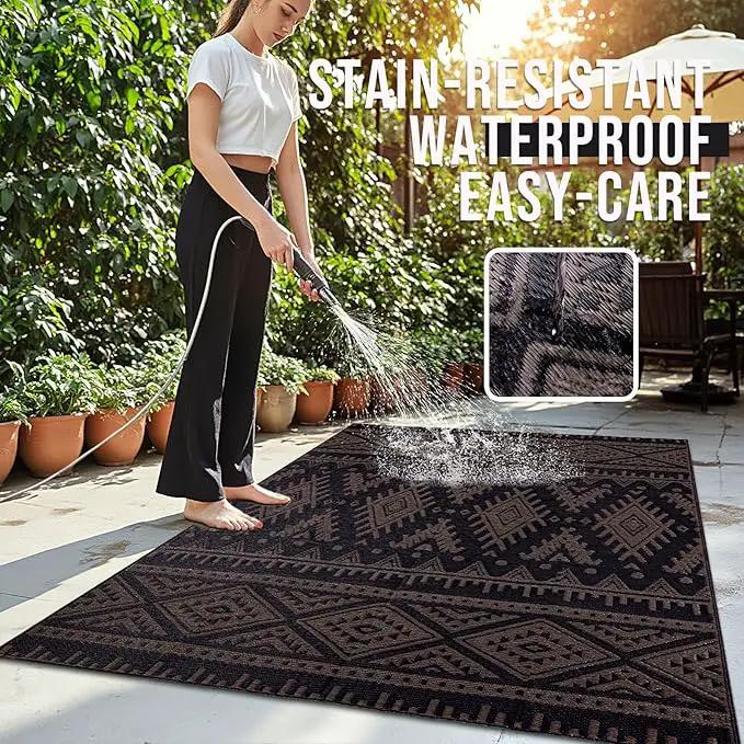 OLANLY Outdoor Rug Waterproof 5x8 ft, Reversible Outdoor Plastic Straw Rug, Boho Patio Rug, Indoor Outdoor Carpet, RV Mat Outside for Patio, Camp, Picnic, Balcony, Deck, Backyard, Black & Brown by GreenHaven Gardens