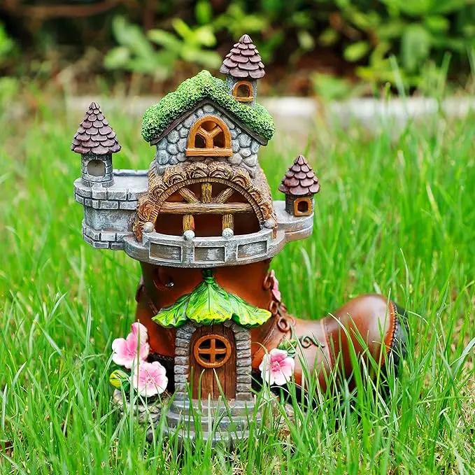 FORUP 10 Inch Fairy House Garden Statues with Boots, Fairy Garden Decor House Kit, Solar Powered Lights Garden Figurine for Outdoor Patio Lawn Yard Garden Decorations by GreenHaven Gardens