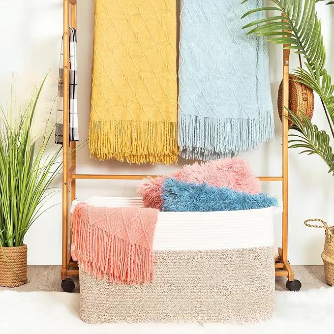 MINTWOOD Design 22in Extra Large Blanket Basket Holder Living Room, Rectangle Rope Woven Storage Basket with Handles for Laundry, Pool Towels, and Shoes, Dog Toy Organizer Bin Box, Light Brown by GreenHaven Gardens