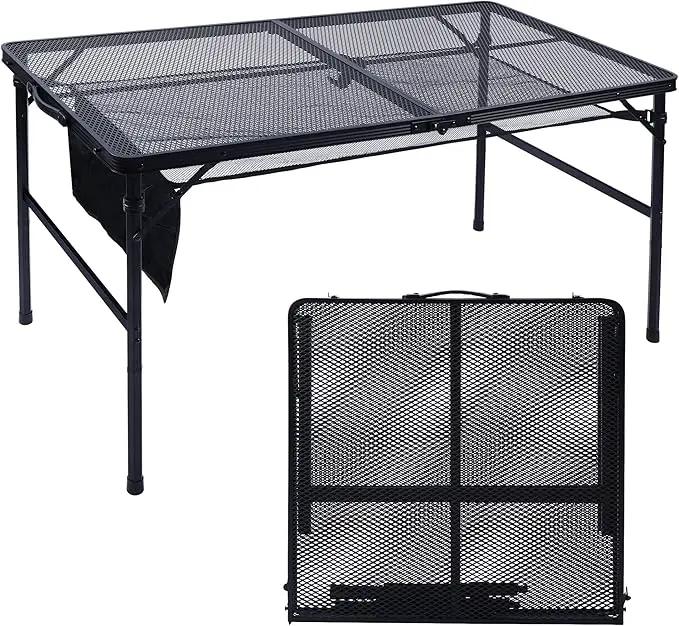 Folding Grill Table, 4x2 FT Portable Camping Table, Lightweight Height Adjustable Metal Tables with Mesh Desktop and Mesh Bag, Outdoor Tables for Camping, Picnic, Beach and BBQ, Black by GreenHaven Gardens