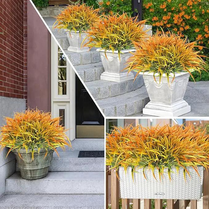 Ouddy Decor 16 Bundles Artificial Fall Plants Outdoor Fake Grass Stems UV Resistant Faux Plastic Plants Shrubs for Autumn Home Garden Pathway Farmhouse Front Porch Harvest Thanksgiving Decor, Orange by GreenHaven Gardens