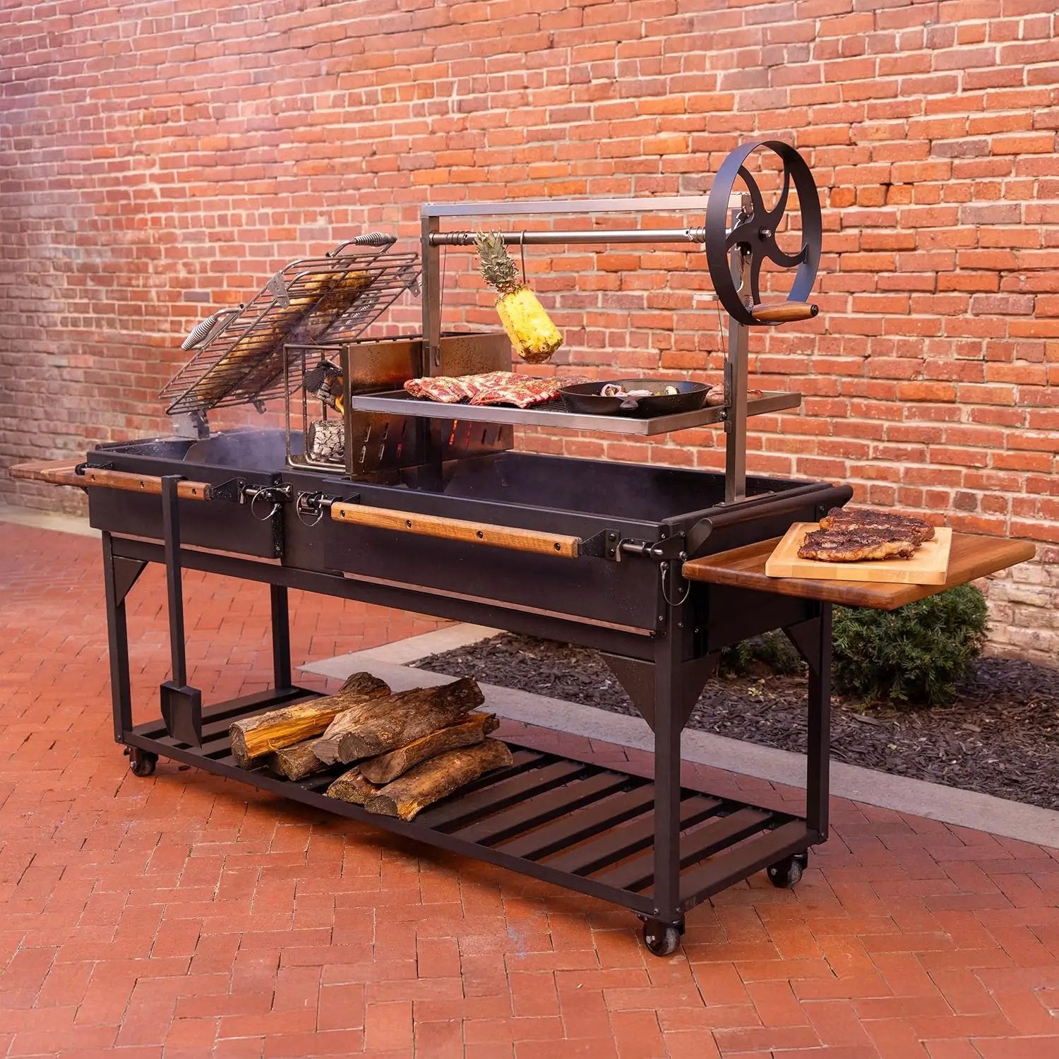 Backyard Discovery Argentine Santa Maria XL Wood Fire & Charcoal Steel BBQ Grill with Asado Clamp, Adjustable Grill Grates, Brasero, Fire Bricks, S-Hooks, Acacia Wood Table for Outdoor Gaucho Grilling by GreenHaven Gardens