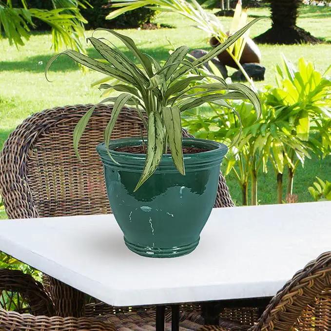 Sunnydaze Studio Large Ceramic Plant Pot - Round Outdoor Glazed Ceramic Planter Pot with Drainage - Dark Green - 15 in by GreenHaven Gardens