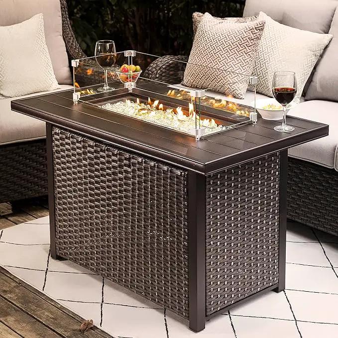 Nuu Garden Outdoor 43 Inch 50,000 BTU Propane Fire Pit Table, CSA Certified Patio Propane Fire Pit with Wind Guard, Lid, Oxford Cover, 7 lbs Glass Stone, Dark Brown by GreenHaven Gardens