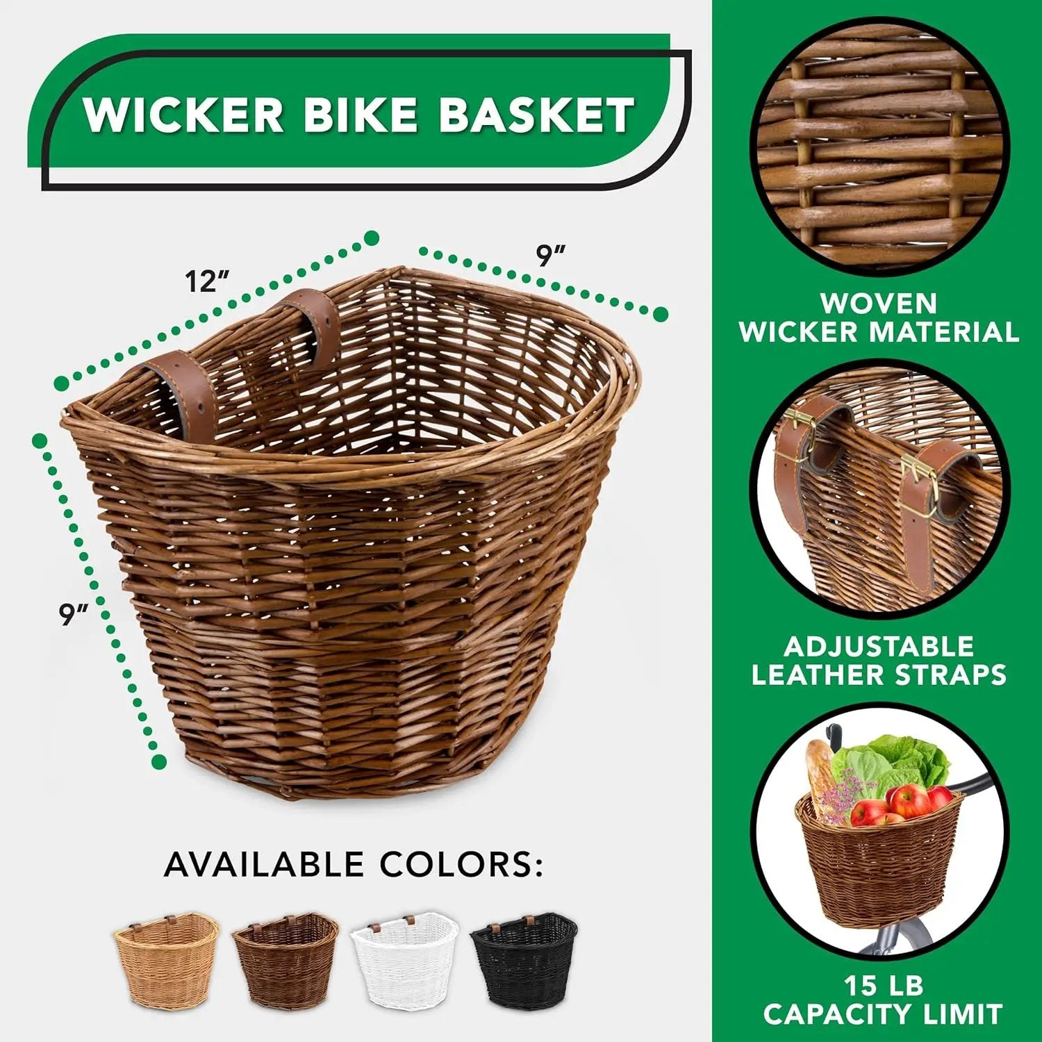 ProSource Wicker Bike Basket Front Cargo for Women and Men, Fits Most Bikes, Beach Cruiser, Stationary Bike, Ebike, Road Bike, Brown by GreenHaven Gardens