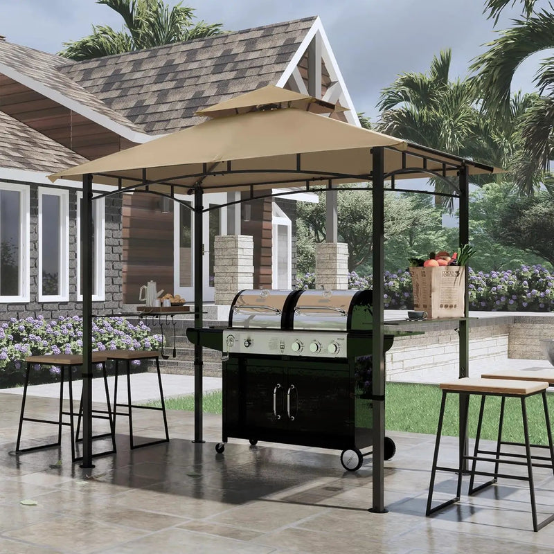COOSHADE 8'x 5' Grill Gazebo Double Tiered Outdoor BBQ Gazebo Canopy with LED Light (Khaki) by GreenHaven Gardens