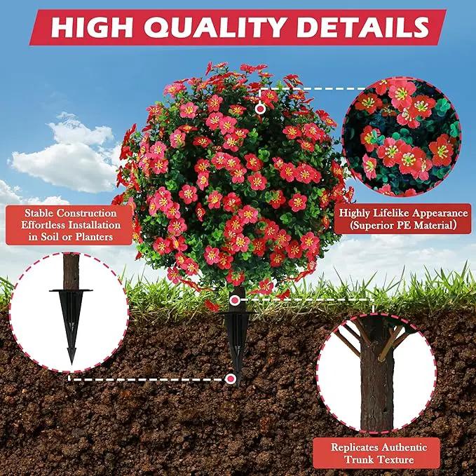 Sunnyglade Set of 2 Artificial Boxwood Topiary Ball Trees with Red Flower, Faux Shrub Bushes with Ground Spike 25.5", UV Resistant Fake Boxwood Plants for Indoor, Garden, Porch, Patio Decor (Red) by GreenHaven Gardens