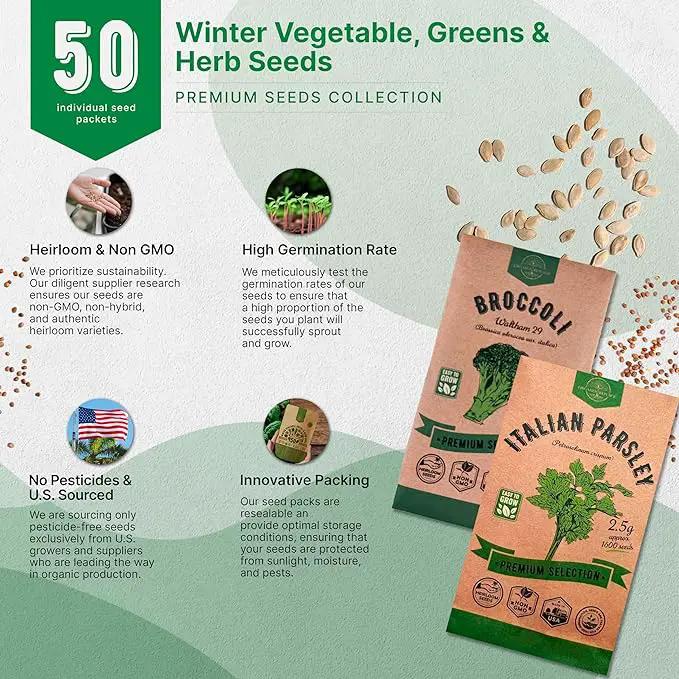 50 Winter Vegetable Garden Seeds Variety Pack - 43,450+ Non-GMO Heirloom Seeds for Outdoors & Indoor Home Gardening, Including Kohlrabi, Lettuce, Radish, Onion, Choy, Spinach, Cauliflower, Collards by GreenHaven Gardens