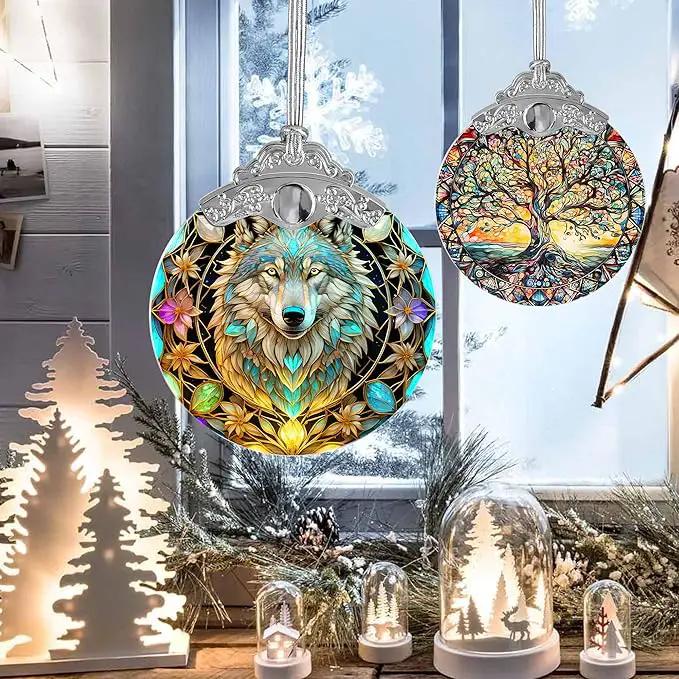 Stained Glass Suncatcher Hanging Ornament, Wolf Decor for Home, Christmas Ornament by GreenHaven Gardens