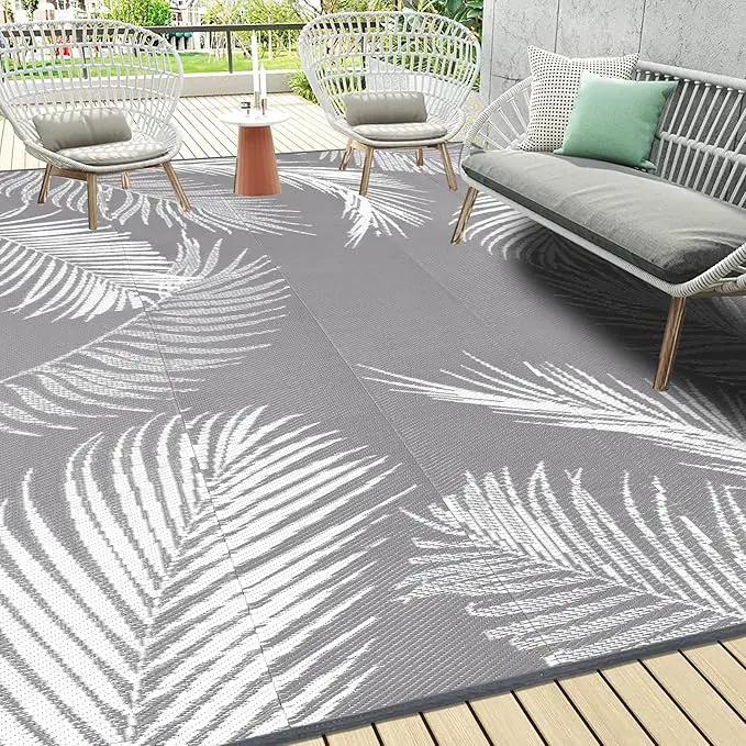 Pauwer Waterproof Outdoor Rug 9x12, Reversible Plastic Straw Patio Camping Rug, Indoor Outdoor RV Mat Carpet for Deck, Camper, Porch, Balcony, Backyard, Picnic, Leaf Grey by GreenHaven Gardens