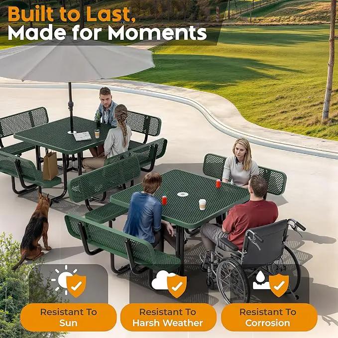 Metal Picnic Tables for Outdoors with Umbrella Hole - Coated Steel Heavy Duty Commercial Grade Table with Adjustable Seats (Green, 46 in, Square with Back, Expanded Steel) by GreenHaven Gardens