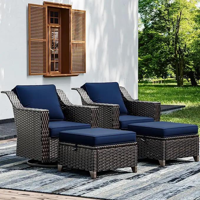Joyside Wicker Patio Furniture Sets, 4 Pieces Upgraded Large Size Outdoor Furniture with Swivel Rocking Patio Chairs and Outdoor Ottoman, Thick Cushions, Wide Armrest by GreenHaven Gardens