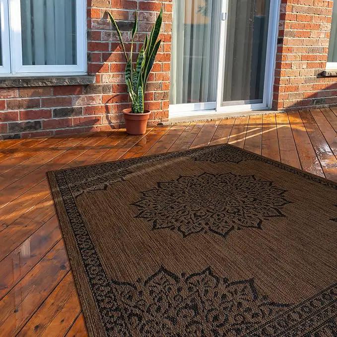 CAMILSON Outdoor Rug, 10x14 Medallion Nut Brown Black Modern Area Rugs for Large Indoor and Outdoor Patios, Kitchen and Hallway Mats, Washable Porch Deck Outside Carpet (Nut Brown Black, 10 x 14) by GreenHaven Gardens