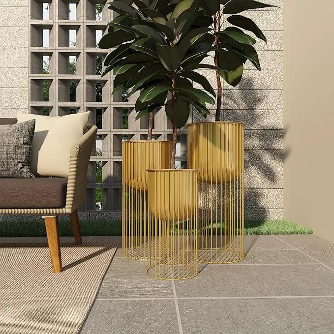 Deco 79 Metal Indoor Outdoor Planter Deep Recessed Dome Large Planter Pot with Elevated Caged Stand, Set of 3 Planters 24", 20", 16"H, Gold by GreenHaven Gardens