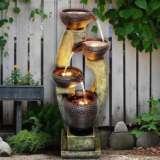 Naturefalls 40” H Modern Outdoor Fountain - 4 Crocks Outdoor Garden Fountains with Contemporary Design&LED Light for Garden, Patio, Deck, Porch, Backyard and Home Art Decor (40in, Light Gray) by GreenHaven Gardens