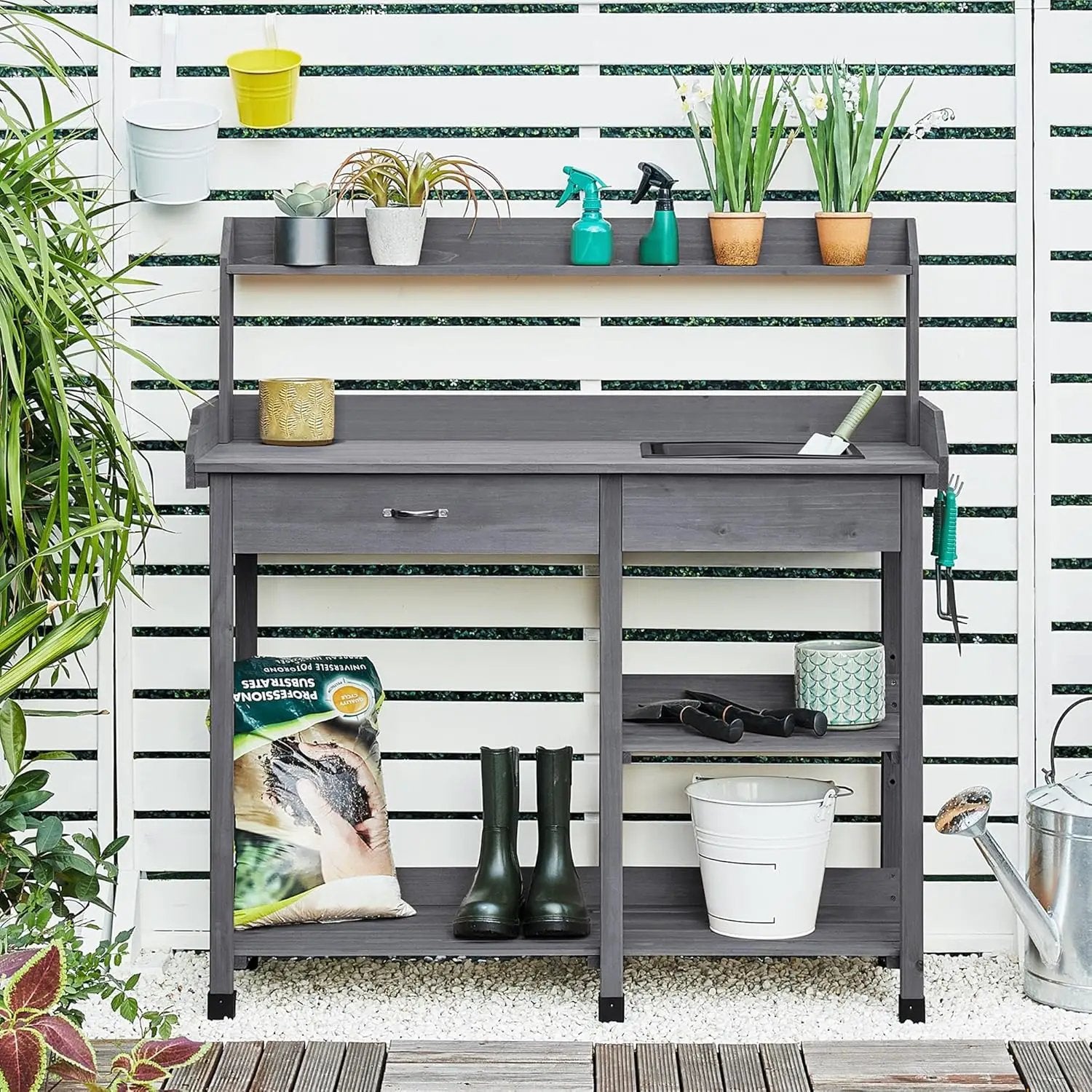 Yaheetech Outdoor Potting Bench Table Potters Benches Garden Workstation for Horticulture with Drawer/Adjustable Shelf Rack/Removable Sink/Hooks/Pads, Gray by GreenHaven Gardens