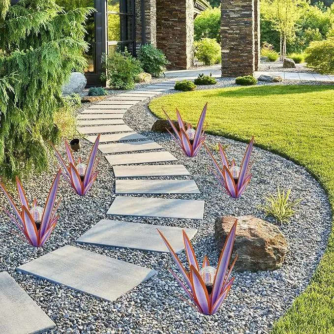 Metal Agave Plant Garden Art, 2 Pack Tequila Rustic Sculpture, Rustic Metal Agave Plants Garden Lawn Home Ornaments, for Yard Stakes, Garden Figurines, Outdoor Patio (2 PCS Purple with Light) by GreenHaven Gardens
