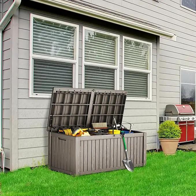 180 Gallon Lockable Resin Deck Box, Waterproof & UV-Resistant Outdoor Storage Box for Outdoor Cushion Storage, Garden Tools & Pool Accessories Storage, Gray by GreenHaven Gardens