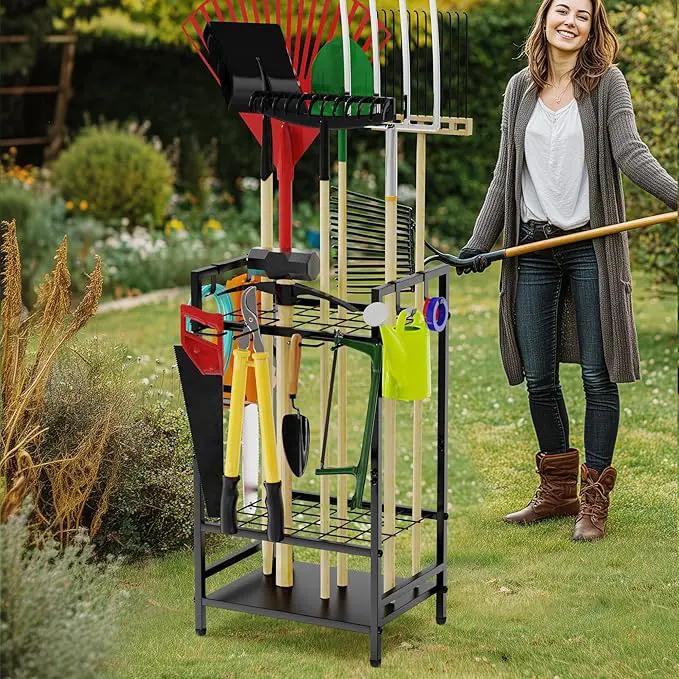 Garden Tool Organizer Rack for Garage, Yard Tool Tower Rack Organizer, Tools Stand Storage with Hooks Black Metal Garden Tools Holder for Yard Shed Garage Organization by GreenHaven Gardens