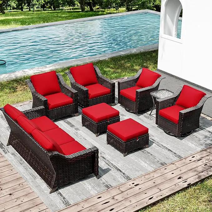 Joyside Wicker Patio Furniture Sets, 8 Pieces Upgraded Large Size Outdoor Furniture with Swivel Rocking Patio Chairs, Patio Dining Chair, 3-Seat Sofa, Outdoor Ottoman, Thick Cushions, Wide Armrest by GreenHaven Gardens