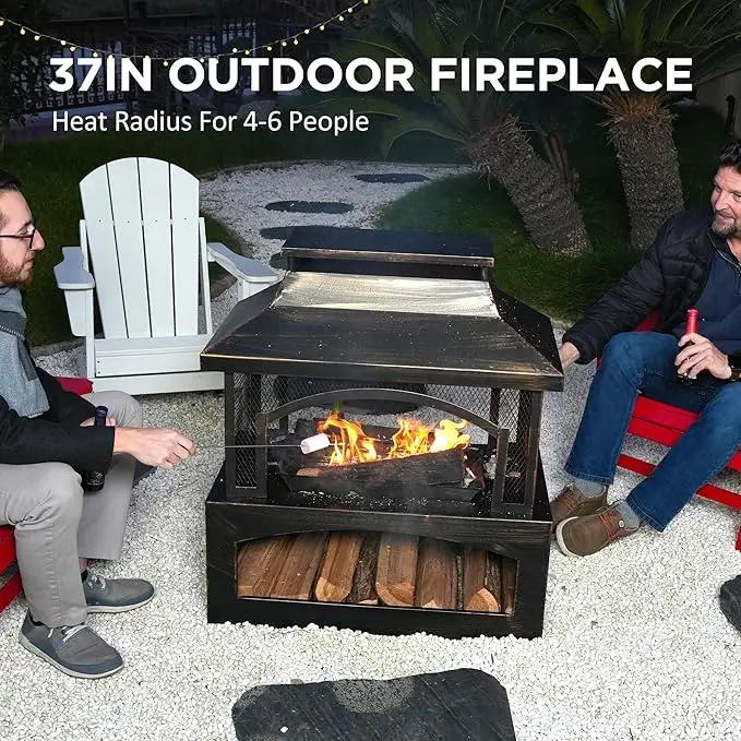 Red Mountain Valley 37in Outdoor Wood Burning Fireplace, Large Outdoor Fire Pit with Log Grate and Poker, Chimney Outside Fireplace with Firewood Racks Storage for Patio, Garden and Backyard by GreenHaven Gardens