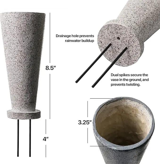 Cemetery Vase with Stakes-Plastic Flower Vases with 2 Ground Spikes, Draining Holes - for Garden, Lawn, Yard - Memorial Grave Decorations 12.7x3.4.x3.9, Black Granite Design by GreenHaven Gardens