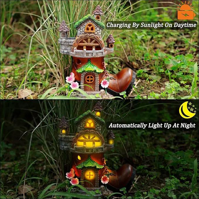 FORUP 10 Inch Fairy House Garden Statues with Boots, Fairy Garden Decor House Kit, Solar Powered Lights Garden Figurine for Outdoor Patio Lawn Yard Garden Decorations by GreenHaven Gardens