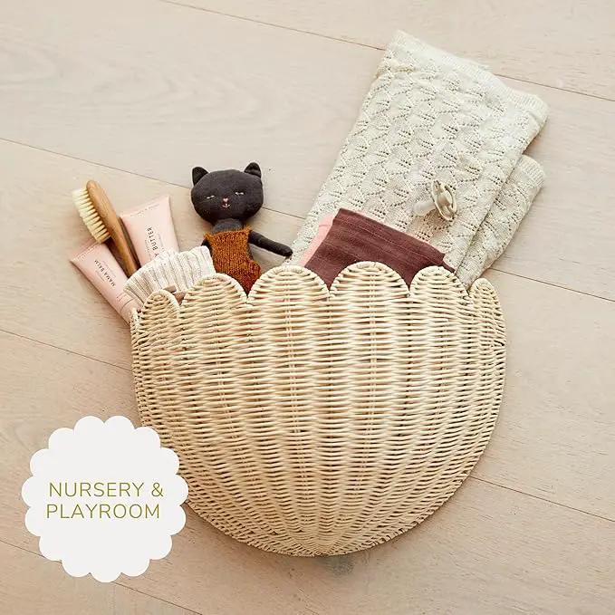 BEBE BASK Scalloped Wicker Wall Basket - The Original - Hand Woven Basket - Scalloped Décor Wall Hanging Baskets -16" x 10" x 7"In - Hanging Wall Basket (Natural) by GreenHaven Gardens