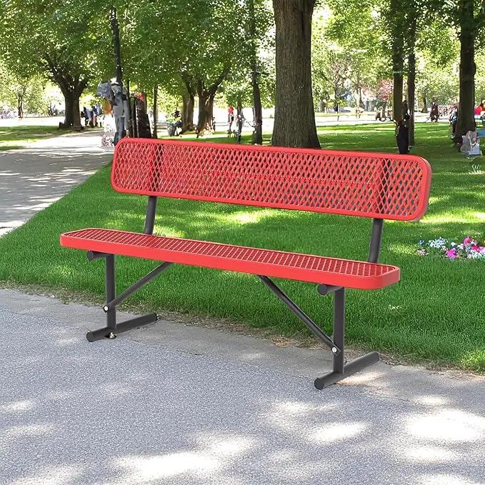 Heavy Duty Park Bench with Back Portable Frame, Outdoor Steel Bench with Backrest, Red Metal Bench Seat Expanded Metal Mesh Bench for Lawn, Park, Deck, Garden, Patio, Porch, Black (Red, 6FT) by GreenHaven Gardens