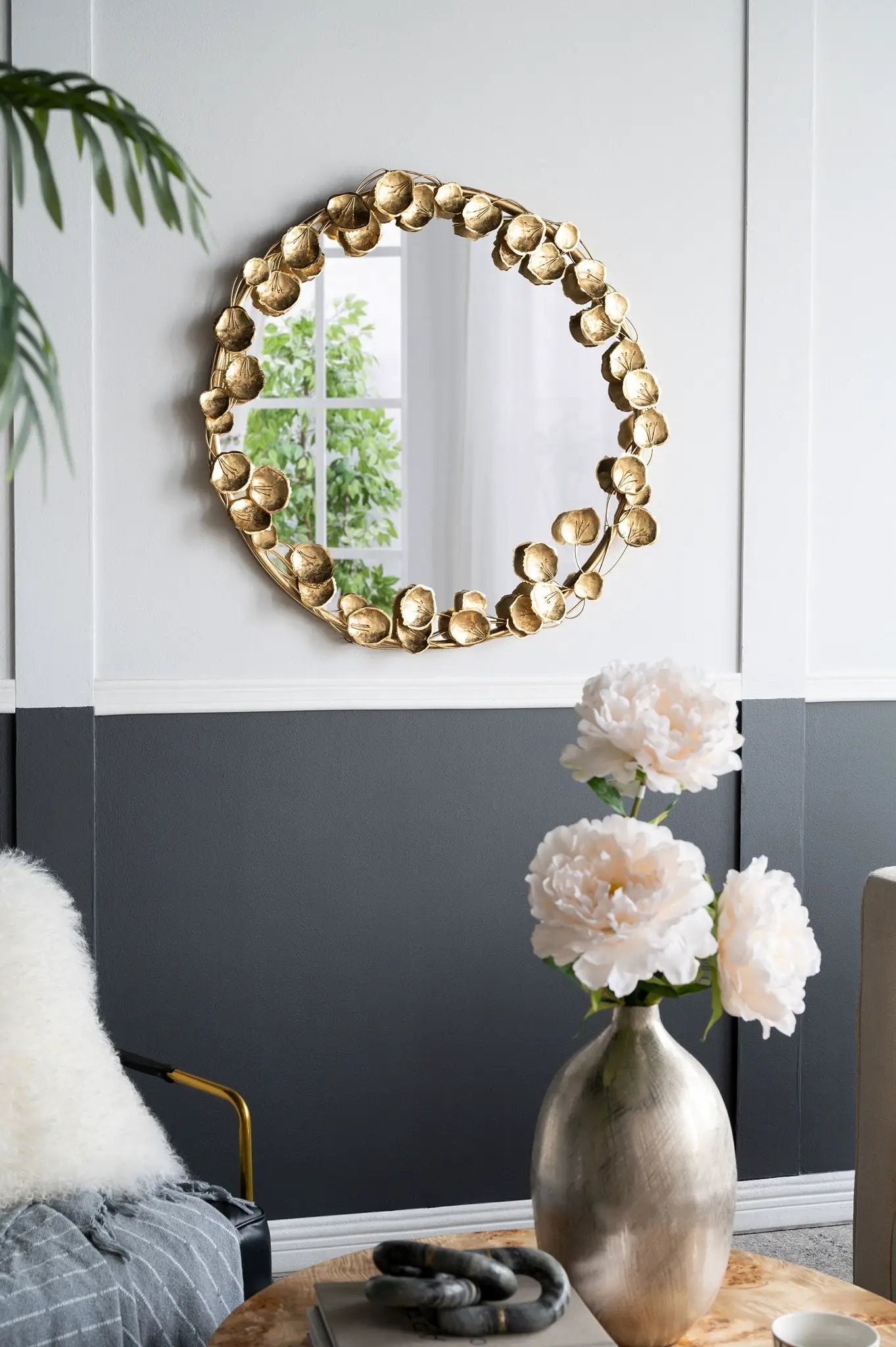 Round Metal Wall Mirror With en Leaf Accents, Modern Decor Mirror For Living Room Entryway Hallway - Gold by HouseOfZazla