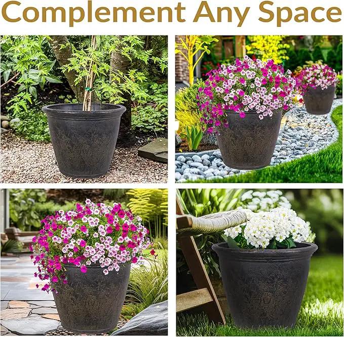 Sunnydaze 24-Inch Anjelica Large Plastic Pot for Plants - Outdoor Polyresin Round Planter with Drillable Drainage Holes - Sable - 2pk by GreenHaven Gardens