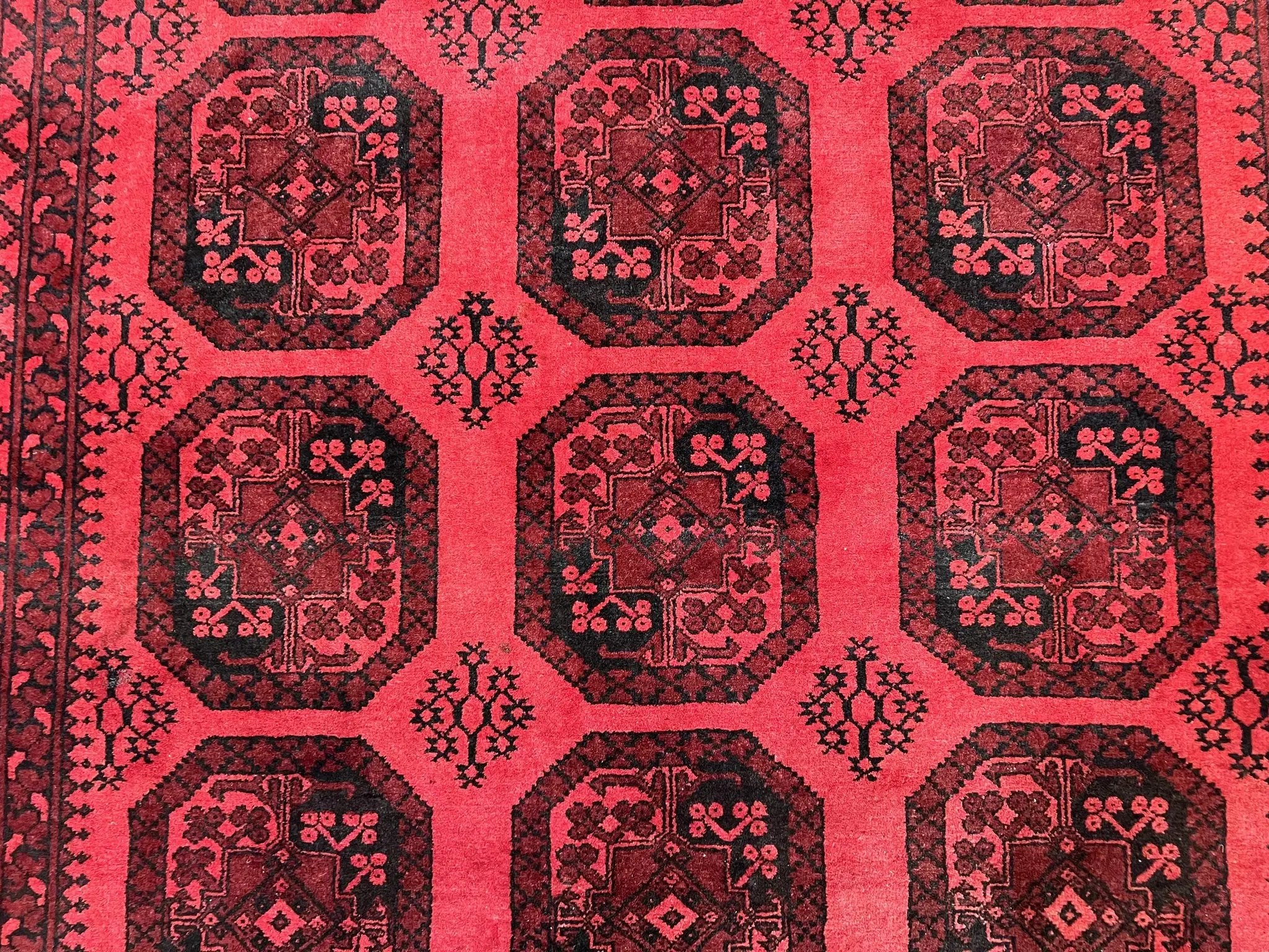 Afghan Turkoman Rug 7x10, Vintage Yamud Beshir Bokhara Carpet, Red and Black Bukhara Hand-Knotted Oriental Wool Handmade Rug, Elephant Foot by Jewel Rugs