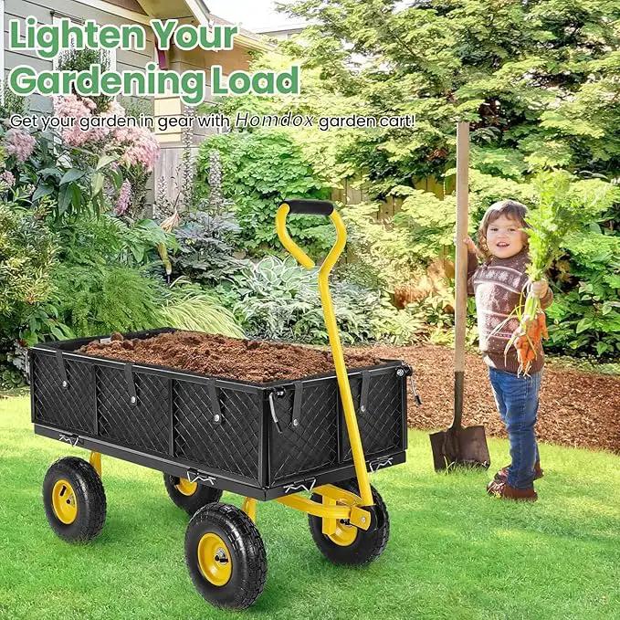 Homdox MAX 880 Lbs Garden Cart, Heavy Duty Foldable Mesh Steel Garden Wagon with 180° Rotating Handle and 10 Inch Tires, Pullable Yard Cart for Yard Garden Beach Farm, Yellow with Bag by GreenHaven Gardens