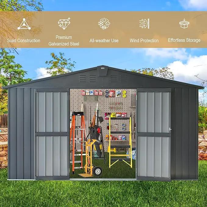 Domi Outdoor Storage Shed 11’ x 9’, Metal Sheds with Galvanized Steel Frame & Windows & Lockable Door, Garden Shed Tool Storage Room for Patio, Grey by GreenHaven Gardens