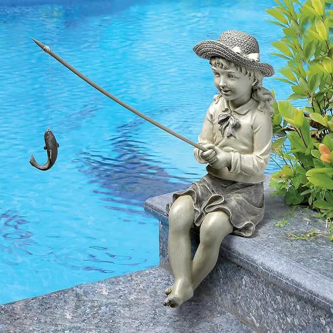 Design Toscano Big Catch Fisherwoman Nellie Girl with Fishing Pole Garden Statue, Small 11 Inch Tall, Cast Stone Resin, Two Tone Stone Finish by GreenHaven Gardens