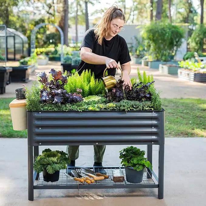 Elevated Raised Garden Bed-V Series, 2' x 4' Garden Beds with Legs & Storage Rack for Patio Porch, 700 Lbs Weight Capacity, Outdoor Planter Boxes for Gardening Herbs Vegetables Flowers, Modern Gray by GreenHaven Gardens