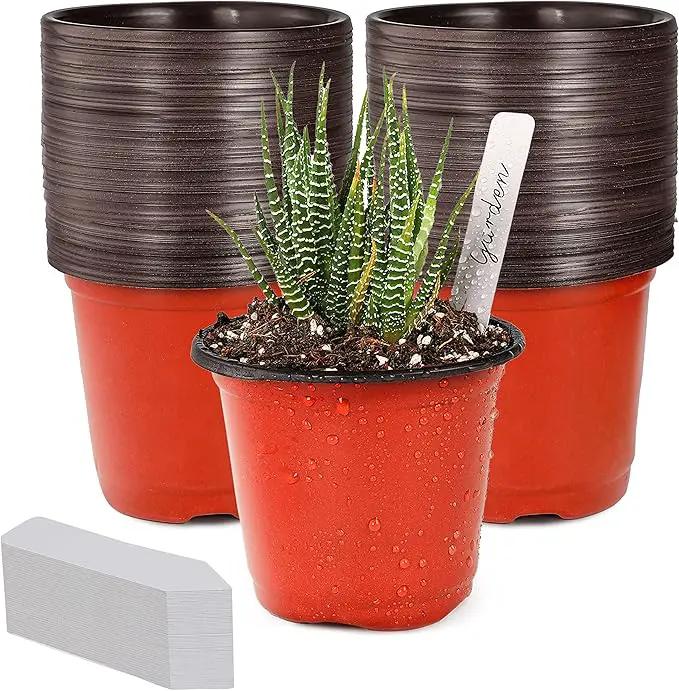 TDHDIKE 4" Small Plastic Plant Nursery Pot/Pots (100pcs Pots and 100pcs Plant Labels) Seedlings Flower Plant Container (Red) Seed Starting Pots Indoor Outdoor by GreenHaven Gardens