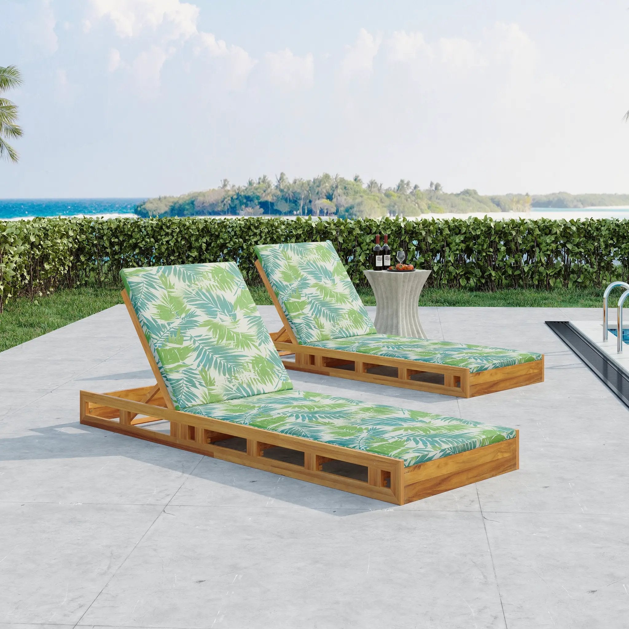 Lounge Chaise Set, Acacia Wood with Water-Resistant Lounge Cushions by HouseOfZazla