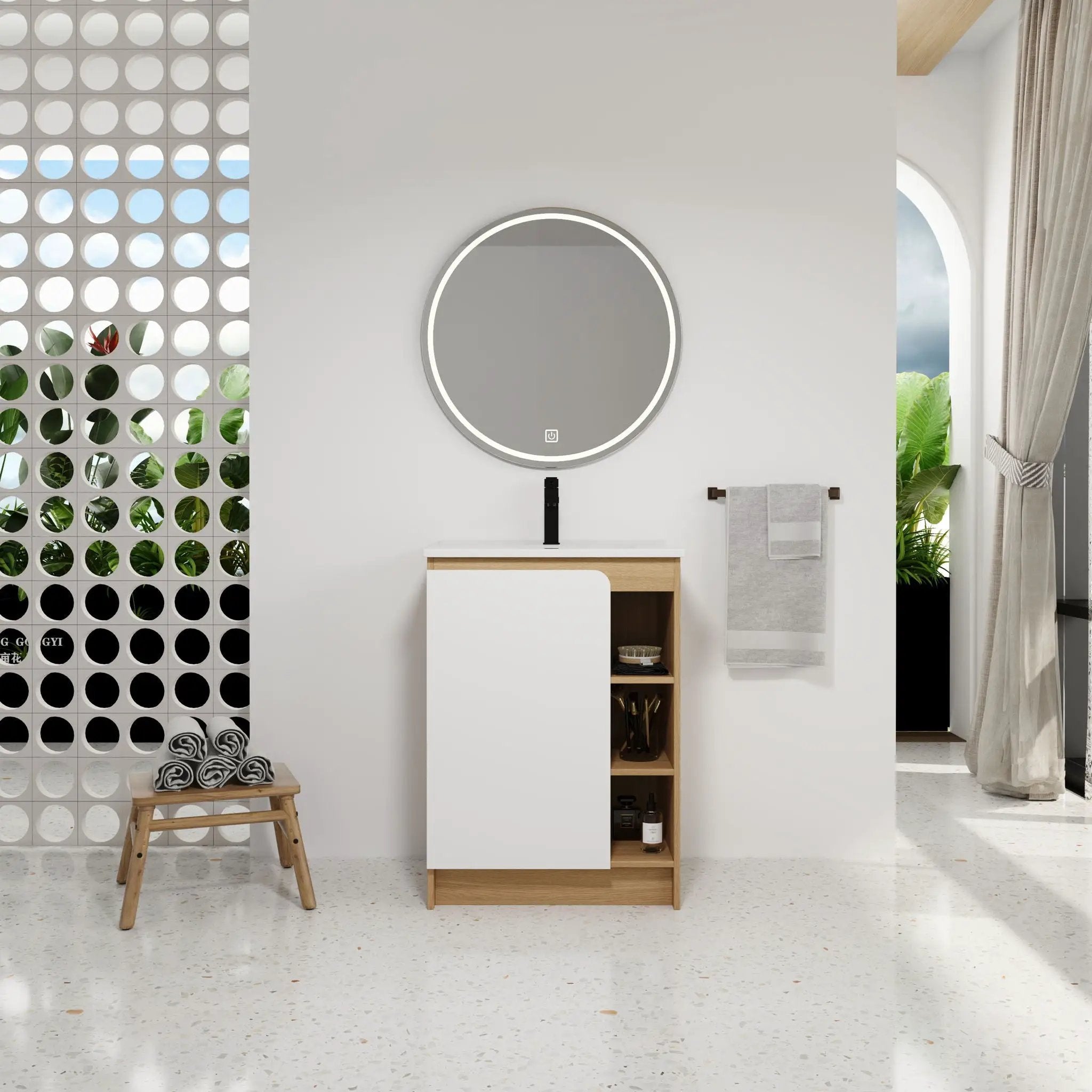 Freestanding Bathroom Vanity With Thin Rim Sink, Single Door With 4 Tier Open Shelves - Light Oak / White by Unique Piece Furniture
