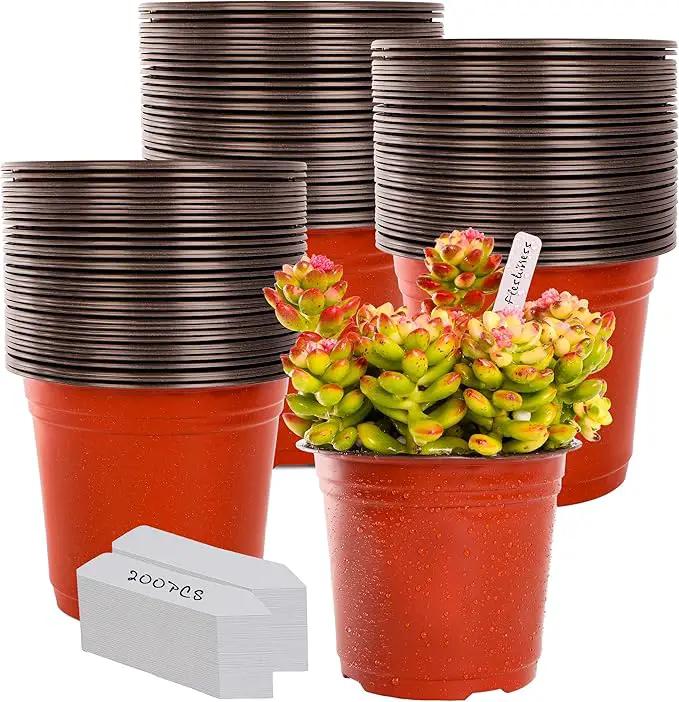TDHDIKE 6 Inch Plastic Plant Nursery Pot/Pots (200pcs Pots and 200pcs Plant Labels) Seedlings Flower Plant Container (Red) Seed Starting Pots Indoor Outdoor by GreenHaven Gardens