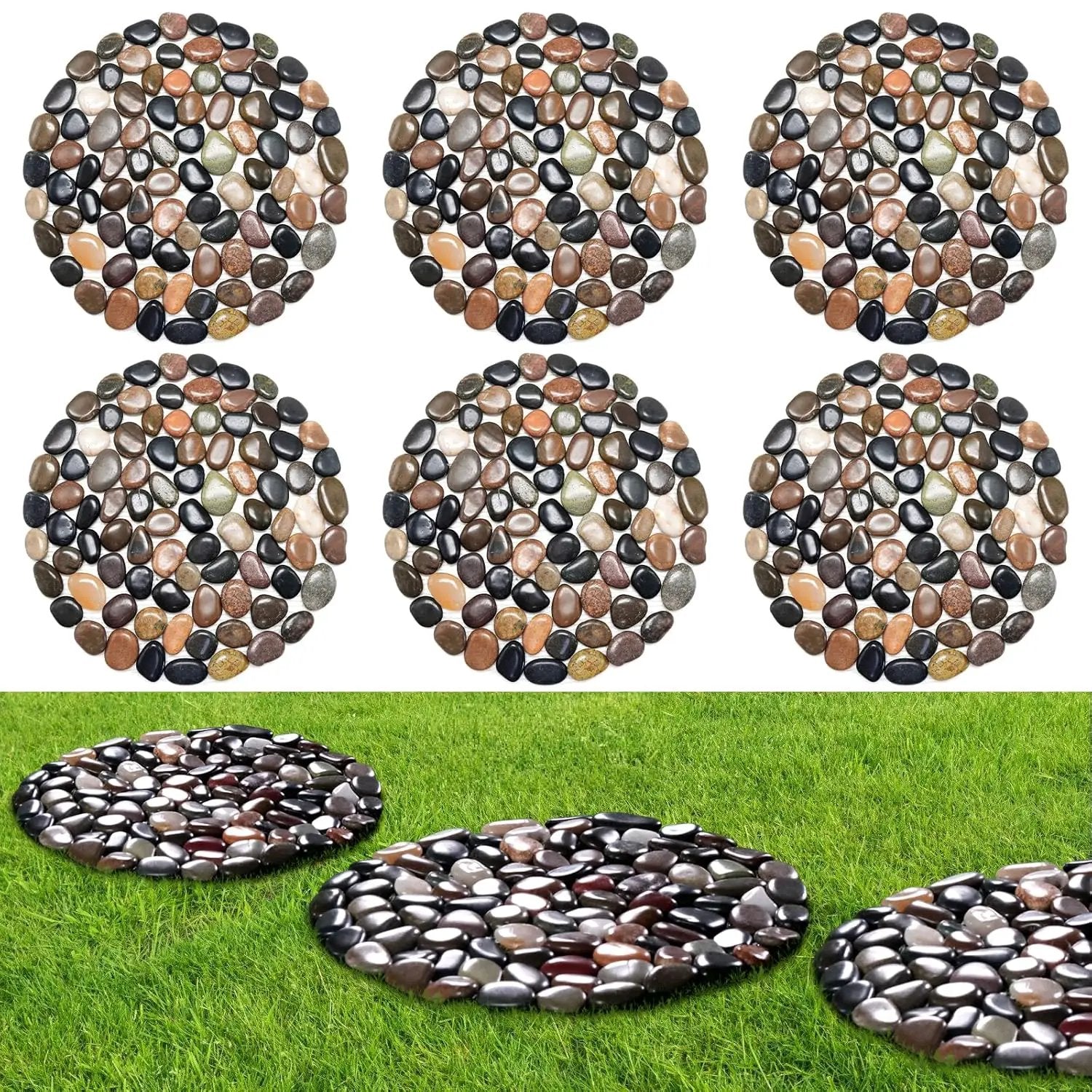 10in River Rock Stepping Stones Set - 6 Pack | Polished Pebble | Long-Lasting PVC Mesh Backing | Perfect for Garden Paths and Lawns Outdoor Landscaping Decoration | Mixed Circle by GreenHaven Gardens
