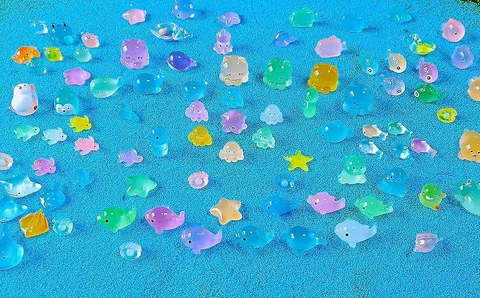 Luminous Ocean Mini Resin Animals Figures, 100 Pcs Glow in The Dark Tiny Plastic Animals Sea Creatures Miniature Figurines to Hide by GreenHaven Gardens