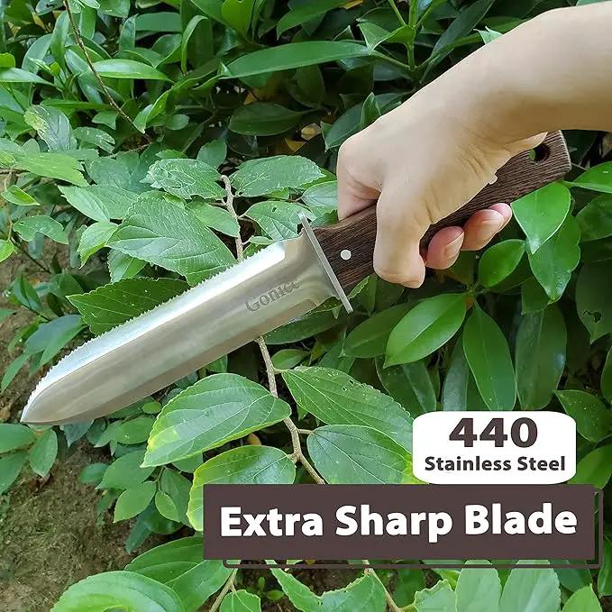 gonicc Professional Hori Hori Garden Knife with Leather Sheath, Protective Handguard, High polished 440 Stainless Steel Blade, Sharpening Stone Included, for Weeding, Digging, Pruning, and Cultivating by GreenHaven Gardens