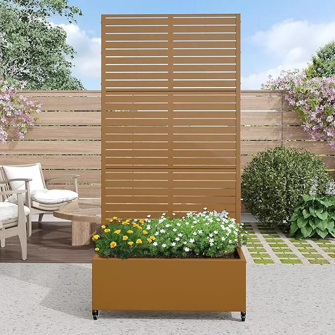 Casaphoria Metal Raised Garden Bed with Trellis and Wheels, 72"x35"x16" Planter Box for Climbing Plants, Vegetables & Vines, Features Drainage Holes and Privacy Screen (Brown-Louvered) by GreenHaven Gardens