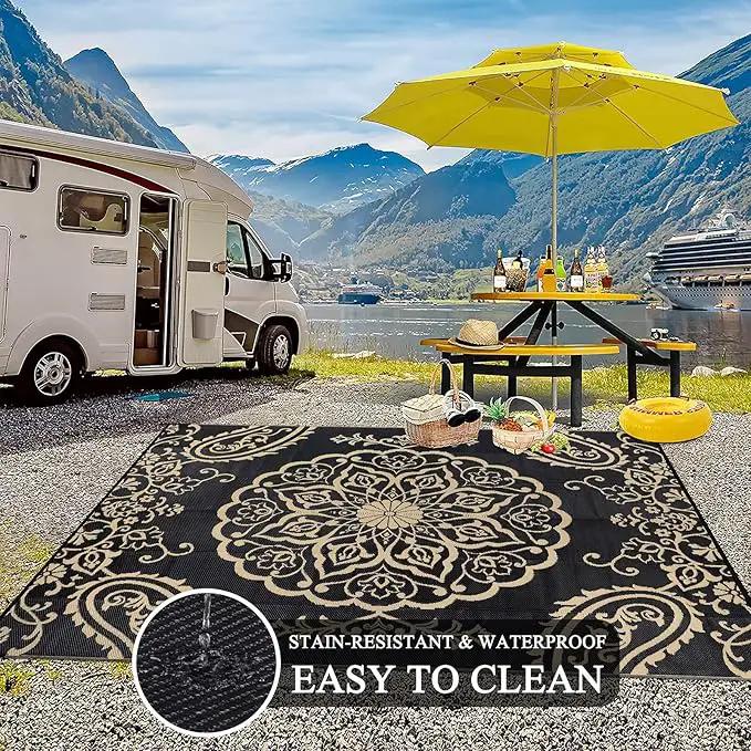 Pauwer Waterproof Outdoor Rug 6x9, Reversible Plastic Straw Patio Camping Rug, Indoor Outdoor RV Mat Carpet for Deck, Camper, Porch, Balcony, Backyard, Picnic, Boho Black Brown by GreenHaven Gardens