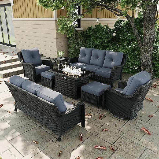 8 Pieces Outdoor Patio Furniture Sets with Rocking Swivel Chairs with 6-inch Thick Cushion and Fire Pit Table for Deck Lawn by GreenHaven Gardens