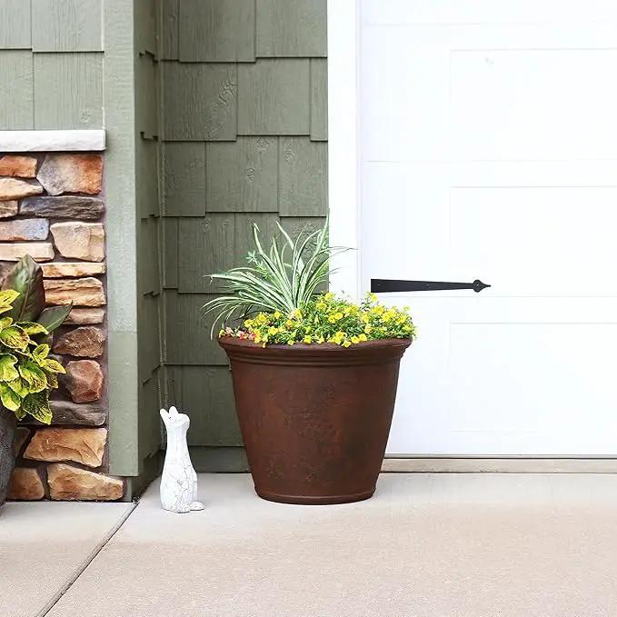 Sunnydaze 24-Inch Anjelica Large Plastic Pot for Plants - Outdoor Polyresin Round Planter with Drillable Drainage Holes - Rust by GreenHaven Gardens