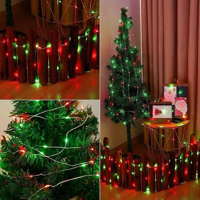 YEGUO Solar Fairy Lights Outdoor Waterproof, 4 Pack Each 33ft 100 LED String Lights, 8 Modes Silver Wire(Green and Red) by GreenHaven Gardens